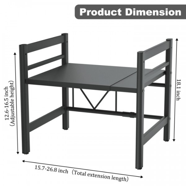 stusgo Extendable Microwave Shelf, Adjustable Toaster Oven Rack Kitchen Counter Top Organizer Stand, 2-Tier with 6 Hooks,110 lbs Weight Capacity, Black